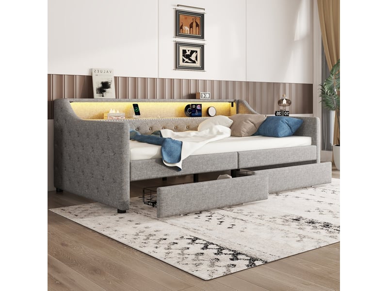  Modenvie lit banquette 90x200 cm - led télécommandée, 2 tiroirs, port usb, sans matelas - gris  - Conforama E