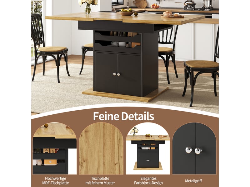  Table à manger extensible,110-140x80x76 cm,avec rangement,mdf,noir  - Conforama E