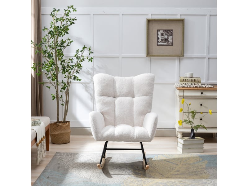  Fauteuil à bascule ergonomique en tissu teddy, bois et métal blanc  - Conforama D
