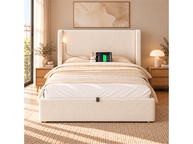 Lit coffre enfant 90x200 cm en bouclé beige avec rangement hydraulique, led, usb et type-c, tête de lit rembourrée et sommier à lattes Morn Vibe - Conforama D