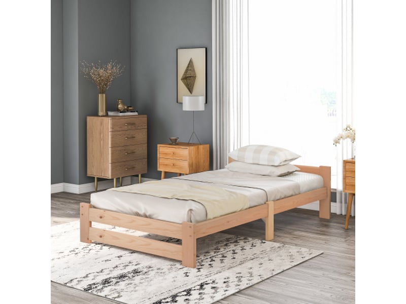  Lit enfant 90x200 cm, lit en bois avec tête de lit et sommier à lattes, couleur de bois, sans matelas  - Conforama C