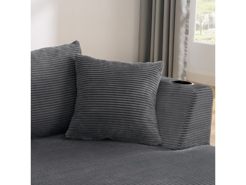  Méridienne canapé 3 places gris design courbé tissu côtelé avec porte-gobelets et coussins pour salon moderne  - Conforama R
