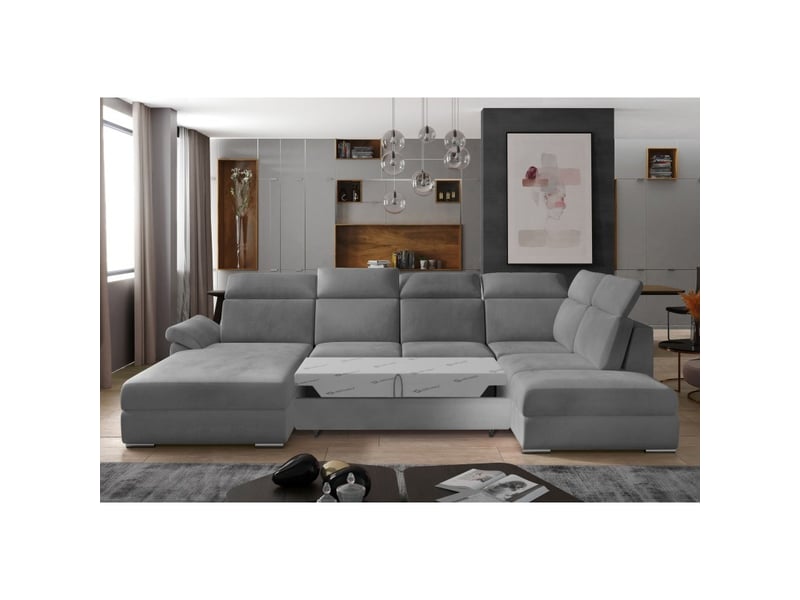  Canapé panoramique convertible majesta 5 places gris clair – angle gauche avec coffre  - Conforama D