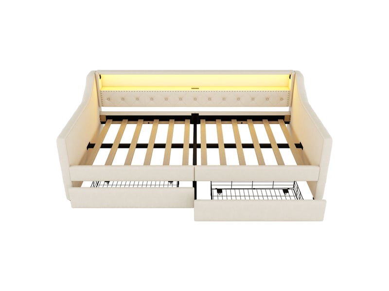  Lit de jour 90x200 canapé lit en lin beige avec éclairage led, 2 tiroirs et port usb  - Conforama R