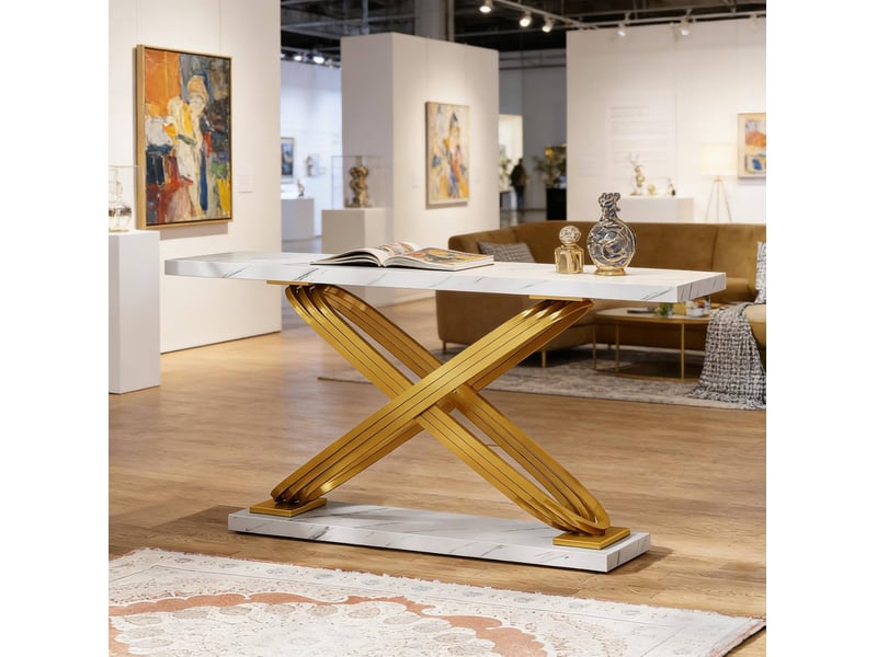  Table console dorée et blanche 140x35x80 cm – plateau placage marbre – style chic  - Conforama B
