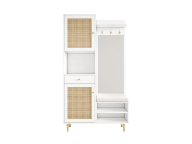  Ensemble vestiaire 99×35×180cm, banc + miroir + chaussures, rotin, pieds fer, entrée  - Conforama A
