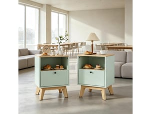 Lot de 2 tables de chevet 40x40x55 cm avec tiroir et compartiment ouvert mdf vert clair et effet chêne