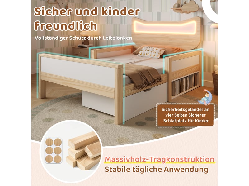 Lit enfant 90x200 avec sommier, tête de lit chat et led rgb, lit simple avec tiroir de rangement, blanc et chêne - Conforama D