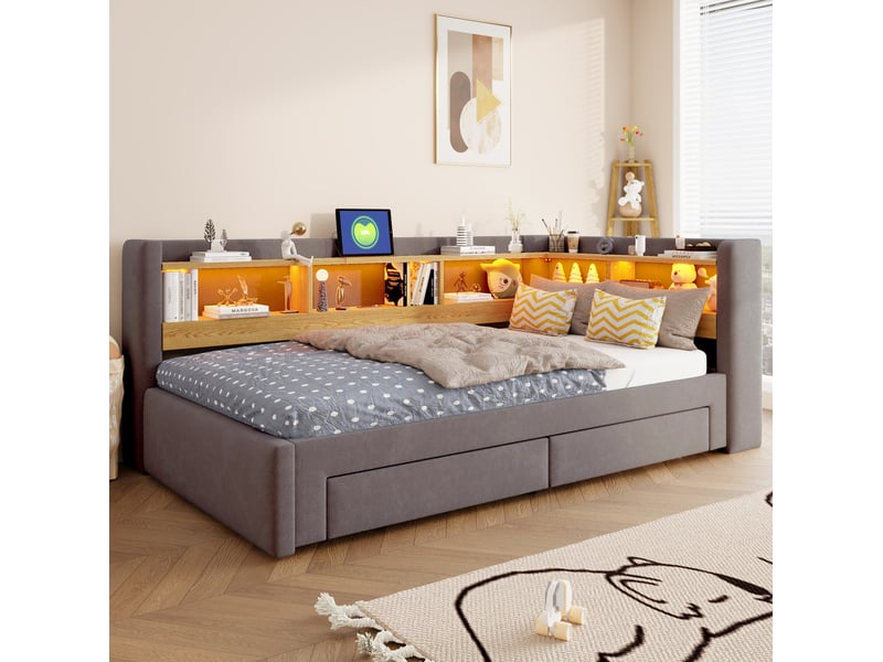  Lit gigogne 90x200 cm avec 2 tiroirs, éclairage led et prise, rangement intégré, couleur gris sans matelas  - Conforama B