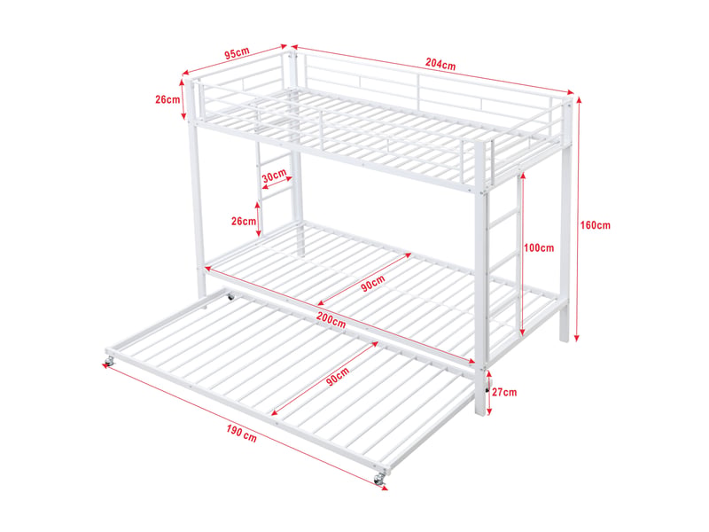 Lit superposé enfant 90x200 cm en métal blanc avec lit gigogne et garde-corps - Conforama C