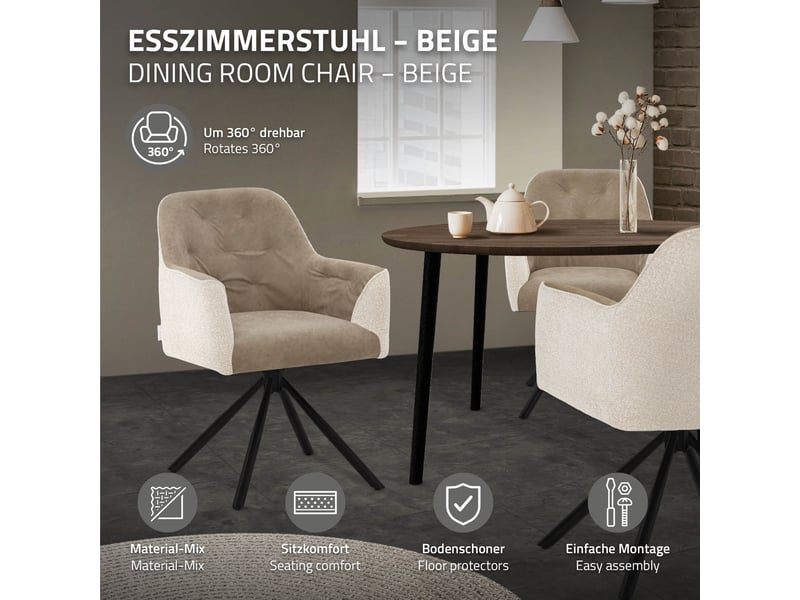 Ml-design chaise salle à manger pivotante 360° en tissu tissé et simili, avec accoudoirs et dossier, structure en acier, pieds réglables, rembourrage confortable, pour salon cuisine, 120 kg, beige ECD Germany GmbH - Conforama B