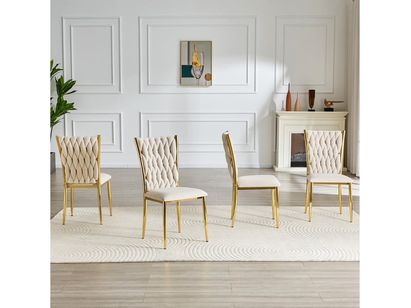 Chaise de salle à manger en velours beige à dossier tressé et pieds en métal doré - Conforama C