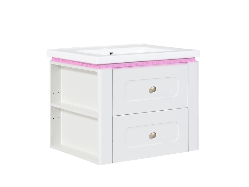  Meuble vasque mural blanc brillant 61 cm avec lavabo céramique, led, tiroirs et étagère latérale réglable  - Conforama D