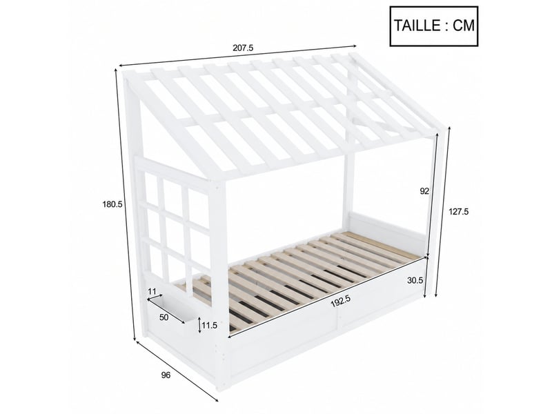  Lit cabane enfant, lit simple avec coffre hydraulique, niches et fenêtre, 200x90 cm, matelas non précisé, blanc  - Conforama D