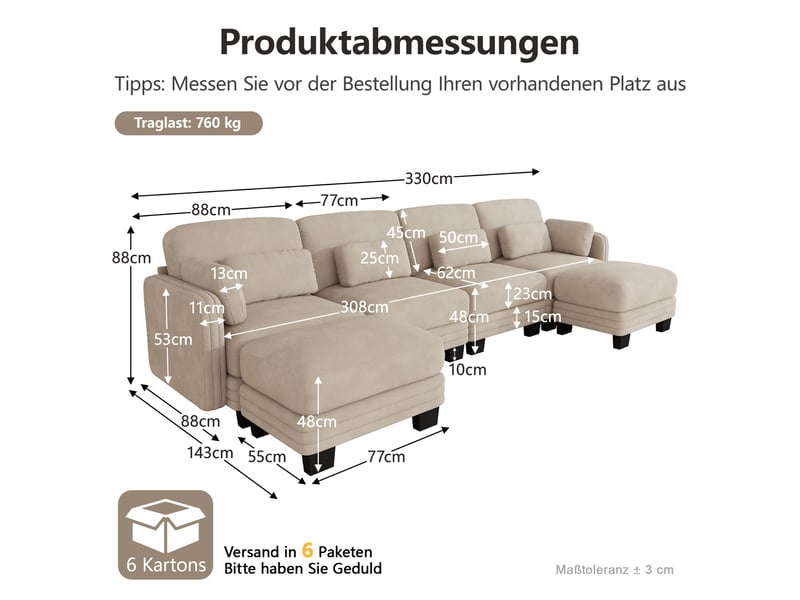  Canapé modulable en u - 4 places - 2 ottomans - assise profonde - tissu chenille - structure en bois massif - brun clair CozyNest - Conforama D