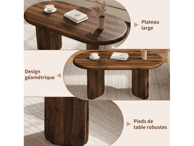  Table basse ovale 90x50x40 cm, bords arrondis, style moderne, pieds décoratifs, mdf stable, finition noyer  - Conforama D