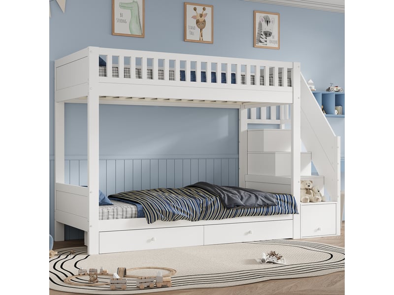 Lit superposé enfant 2 couchages 90x200 cm avec escalier de rangement, 2 tiroirs, garde-corps, bois blanc Radiant Stride - Conforama D