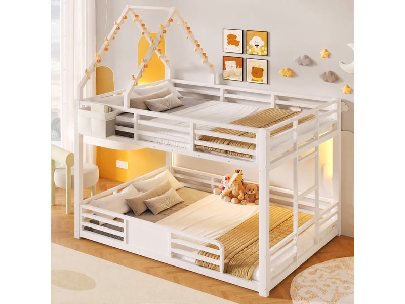 Lit superposé enfant 140 x 200 cm avec led multicolore, toit cabane et rangement, blanc - Conforama B