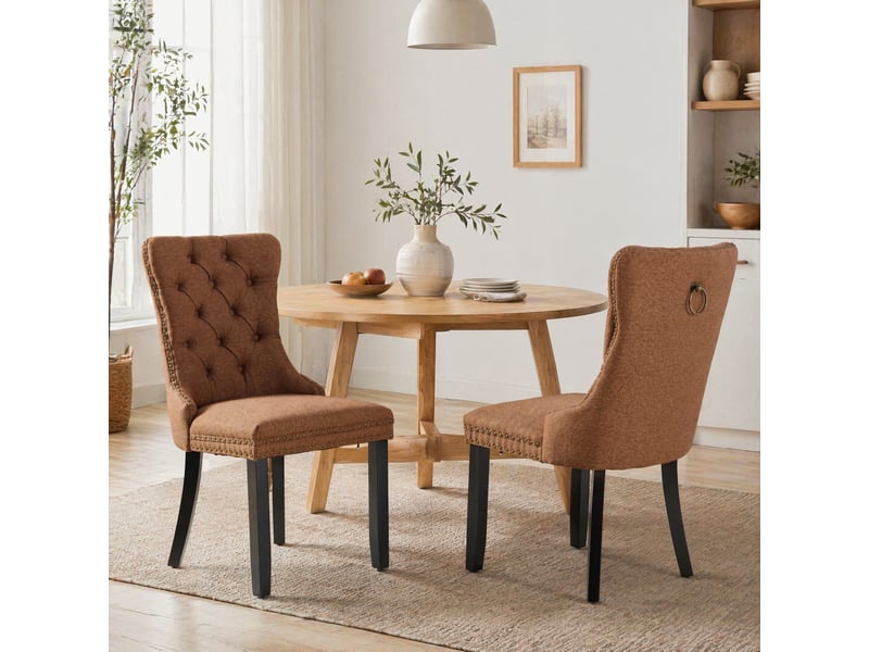  Lot de 2 chaises de salle à manger en tissu lin marron, dossier haut, pieds en bois, de6801cf  - Conforama C