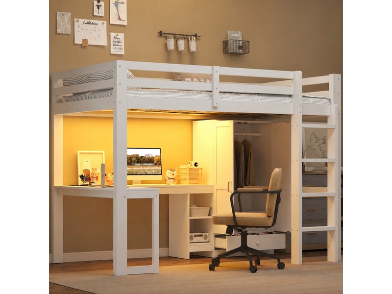  Lit mezzanine 90x200 avec bureau, étagères, armoire, prise usb et éclairage led blanc  - Conforama B