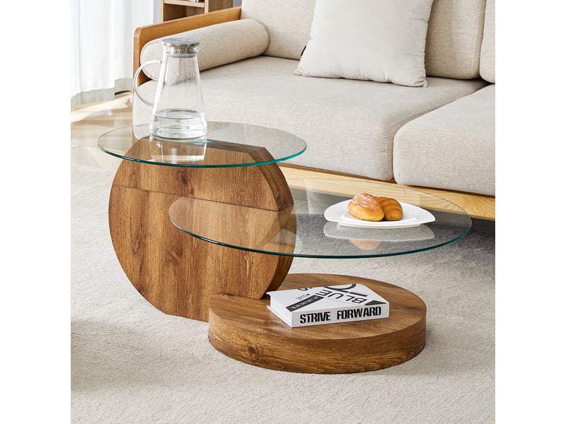  Table basse à plusieurs niveaux en verre trempé et mdf aspect bois, 89,9 x 69,9 x 43,2 cm  - Conforama D
