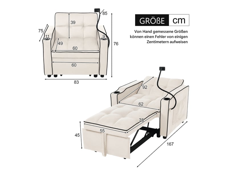  Fauteuil convertible 3 en 1 beige en velours avec porte-boissons et support téléphone  - Conforama E