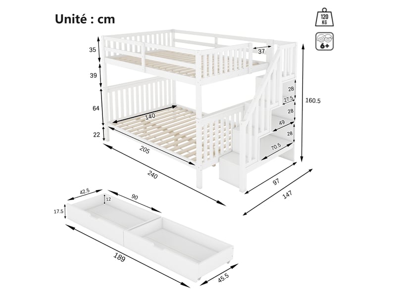  Lit superposé 140x200 cm - lit enfant avec rangement escalier et 2 tiroirs, sans matelas - structure bois et mdf - blanc  - Conforama C