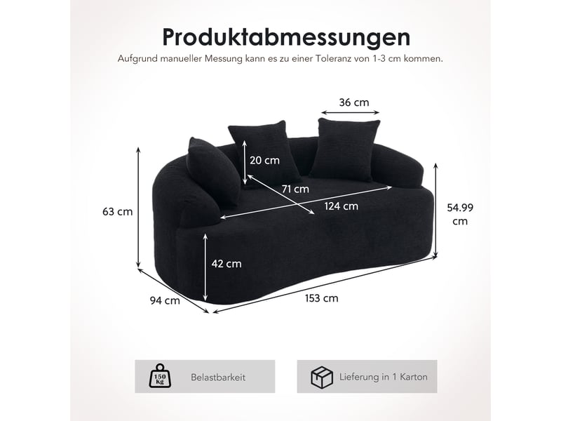  Canapé 2 places incurvé en chenille noir avec 3 coussins, sans montage  - Conforama C
