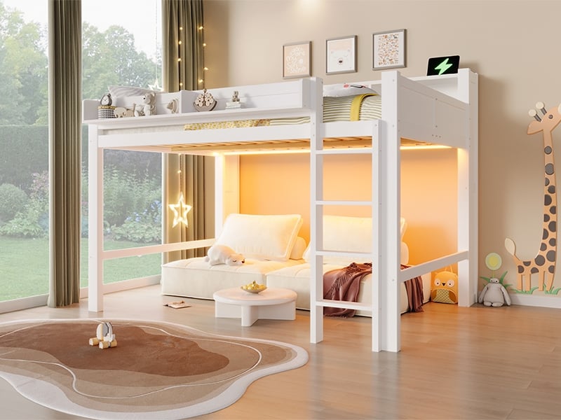  Lit mezzanine 140x200cm avec compartiments de rangement, éclairage led et port usb, blanc  - Conforama B