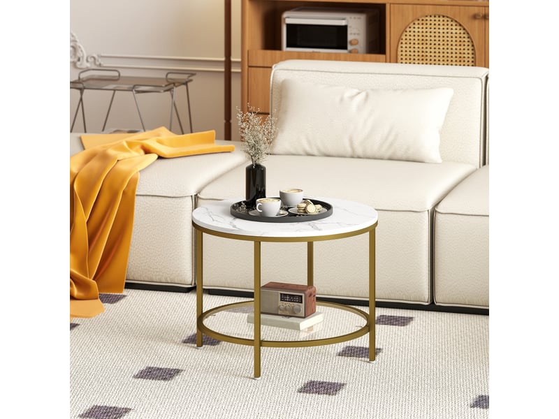  Table basse salon ronde moderne à 2 niveaux plateau effet marbre et étagère en verre trempé, ø 60 x 45 cm, blanc et doré  - Conforama C