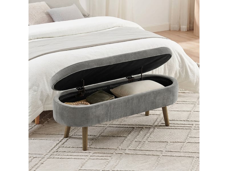  Banc de rangement gris foncé 110 cm en tissu chenille avec coffre et pieds en bois  - Conforama B