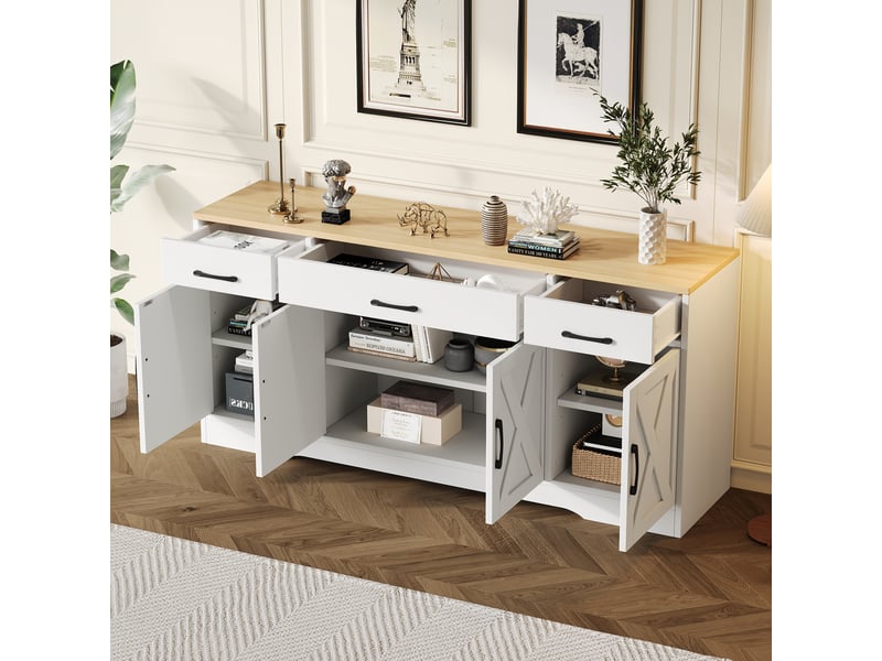 Buffet blanc moderne meuble de rangement en bois 160 cm - 3 tiroirs 4 portes design scandinave - Conforama B