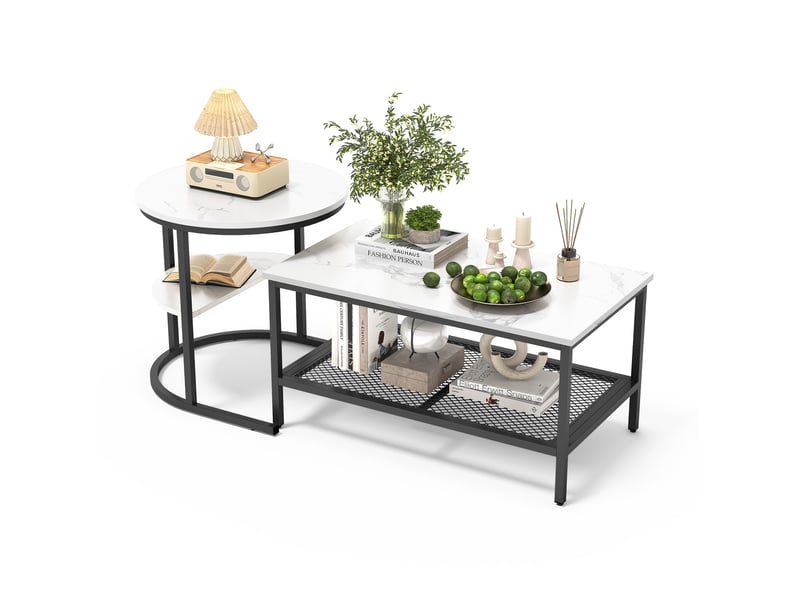  Lot de 2 tables gigognes noires en bois et acier inoxydable, effet marbre  - Conforama A