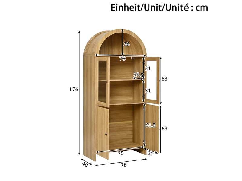  Buffet haut 78 x 40 x 176 cm naturel en panneaux de particules, vitrine et rangement fermé à 4 portes  - Conforama C
