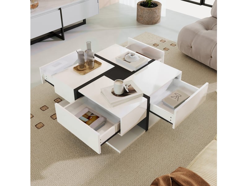  Table basse carrée avec 4 tiroirs et niche de rangement, finition brillante, pour salon, blanc, 78 × 78 × 36 cm  - Conforama C