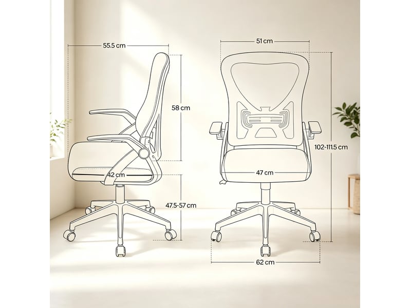  Chaise de bureau ergonomique pivotante avec dossier inclinable et accoudoirs rabattables en maille noire  - Conforama C