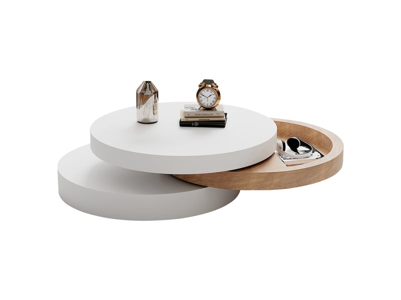  Table basse ronde pivotante avec rangement, table de salon 60 cm blanche et bois avec plateau tournant 360° pour canapé IKSETERA TRADING LTD - Conforama A