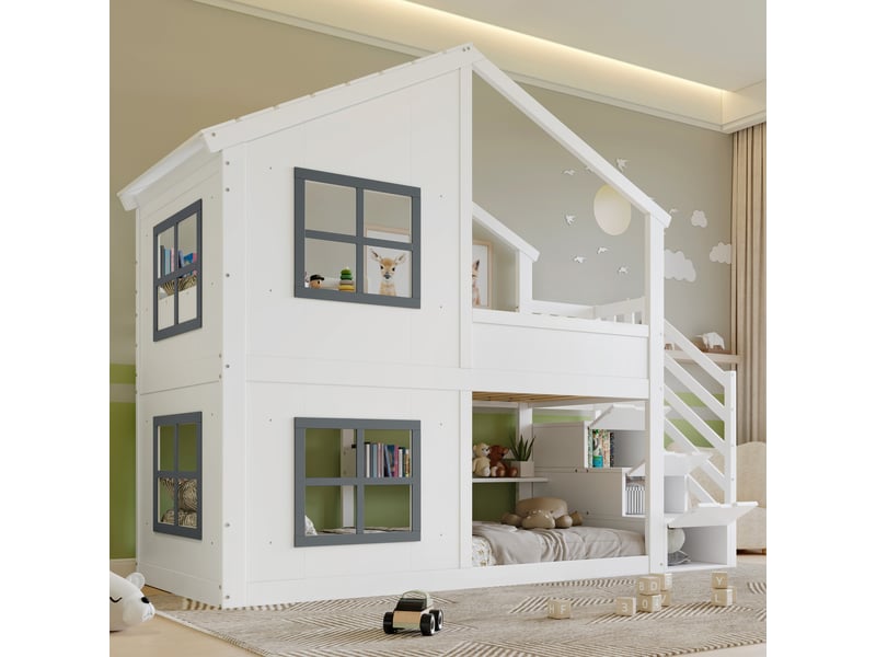  Etagenbett en pin et mdf blanc et gris 90x200 cm  - Conforama E