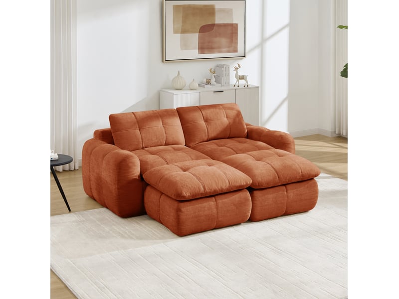 Canapé modulable 2 places 194x160x68 cm en chenille orange avec 2 poufs - Conforama B