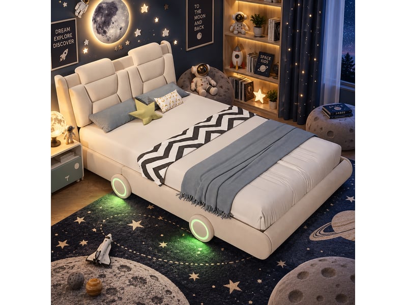  Lit enfant voiture 140x200 cm, avec matelas non inclus, tête de lit réglable, roues lumineuses, velours beige crème  - Conforama B