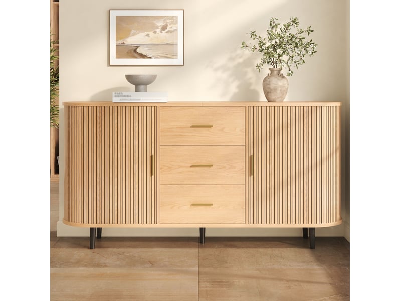  Buffet 160 cm avec 3 tiroirs et portes coulissantes en mdf, coloris naturel  - Conforama B