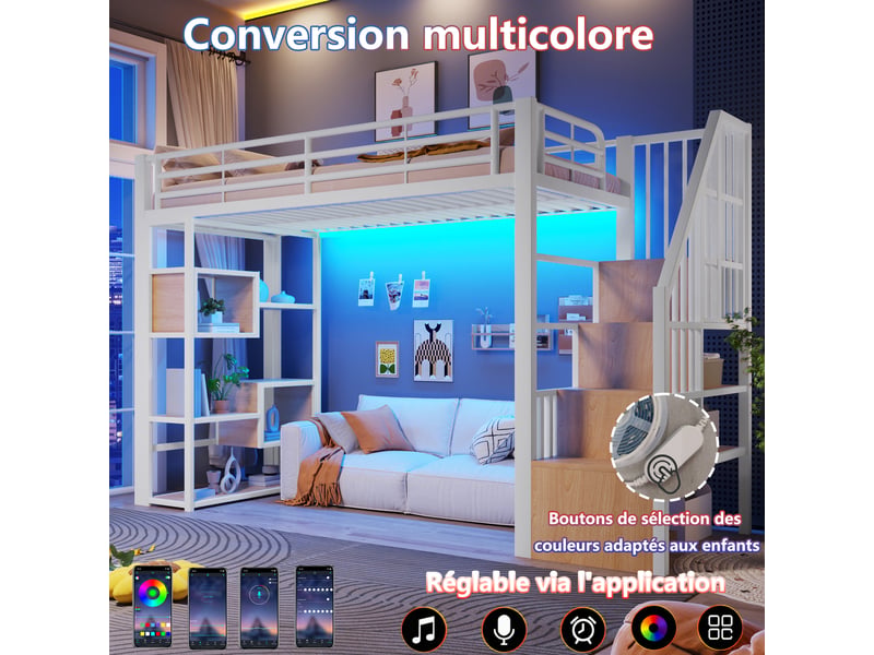  Lit mezzanine, 90 × 200 cm, blanc, métal et mdf, étagères et rangements, garde-corps, échelle avec rangements, sans matelas  - Conforama E
