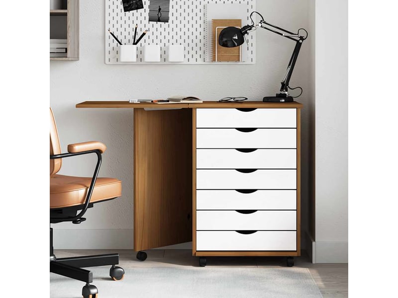 Armoire de rangement roulante avec bureau moss marron miel bois de pin - Conforama A