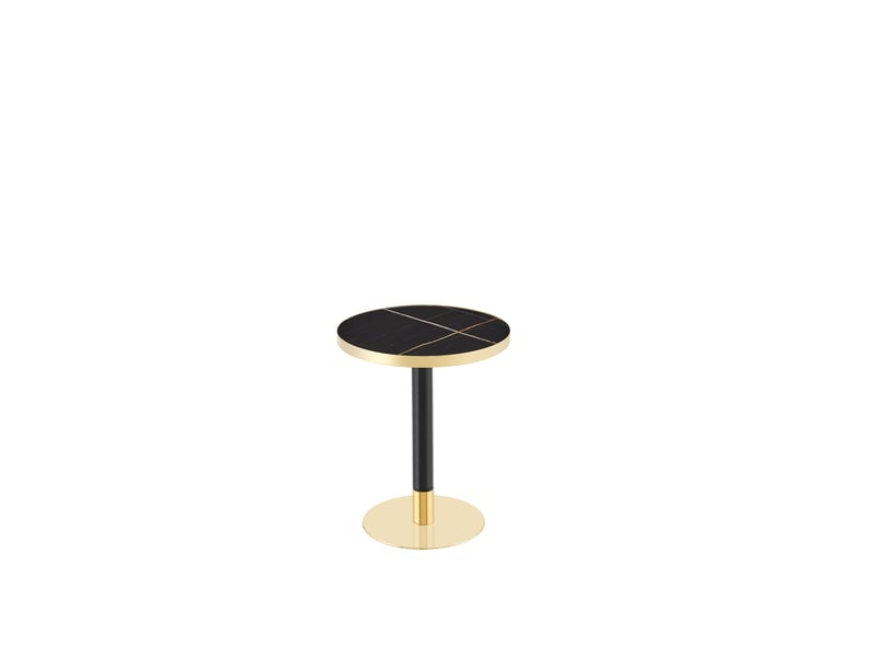  Table basse ronde avec plateau effet marbre et bord doré, piètement métal noir, pour salon, ø 60 cm × 73,7 cm  - Conforama E