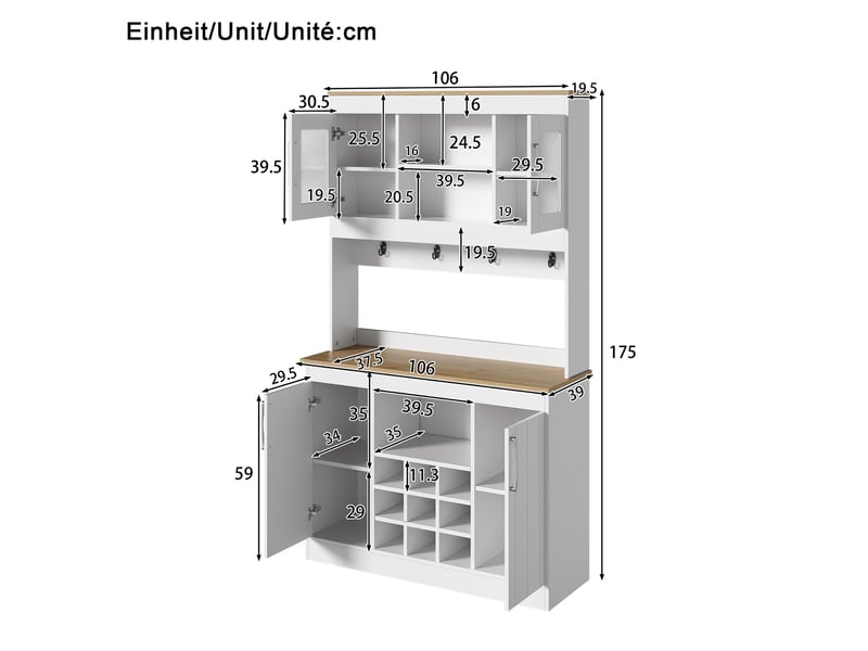  Buffet de cuisine avec vitrine 175 cm, vaisselier blanc et bois avec porte-bouteilles et crochets  - Conforama D
