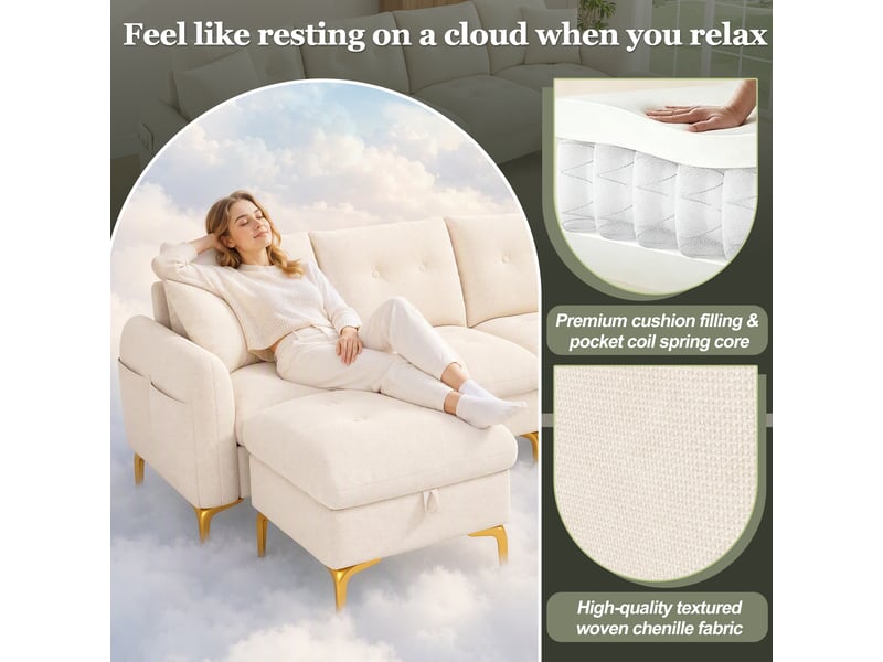  Canapé droit 4 places, canapé d'angle modulaire en u avec 2 poufs à rangement et 2 coussins déco, chenille beige  - Conforama E