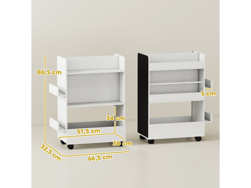  Bibliothèque pour enfant avec roulettes, rangement livre enfant de 3 à 8 ans avec tableau noir, 66,5x32,5x86,5cm, blanc  - Conforama D
