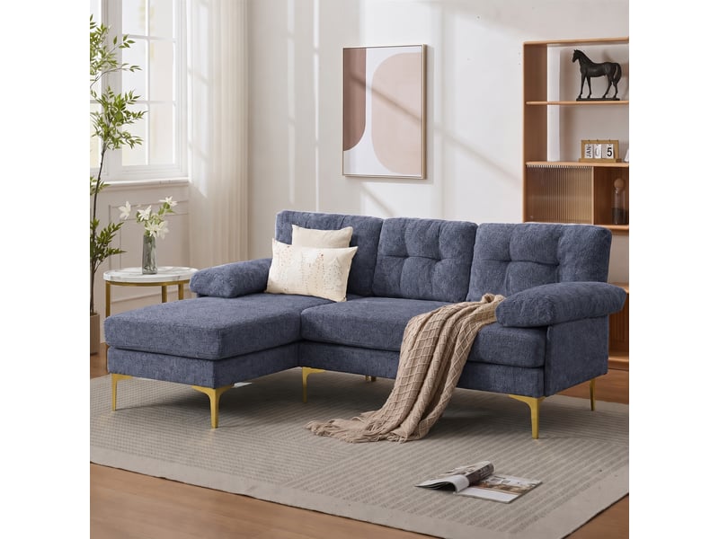 Canapé d’angle réversible 3 places méridienne interchangeable - accoudoirs rembourrés chenille bleu - Conforama B