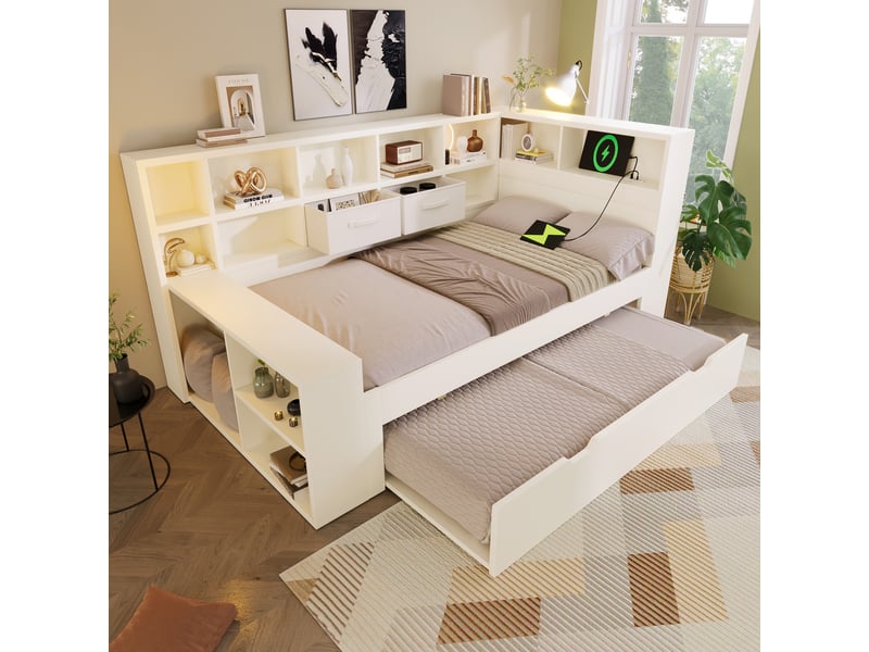  Lit simple 90x190 blanc avec lit gigogne en bois - étagères de rangement et ports usbtype-c  - Conforama W