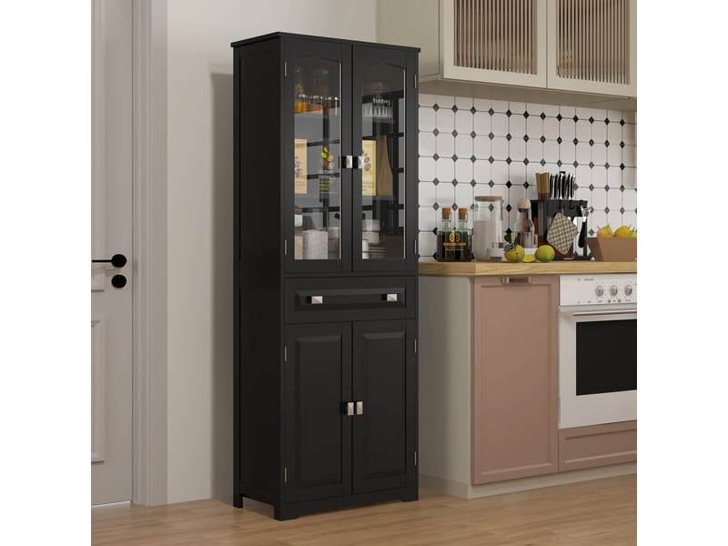  Buffet haut armoire de cuisine 4 portes dont 2 portes vitrées et 1 hauteur tiroir 160 cm avec étagères en bois noir  - Conforama D